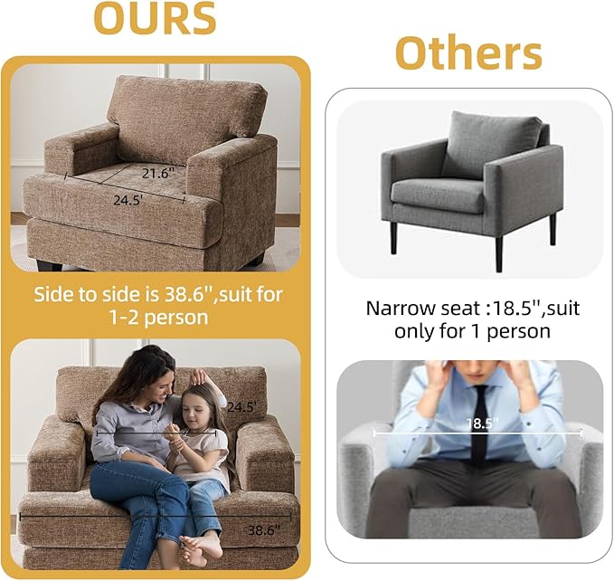 Oversized Accent Chair with Armrest OrganizerLiving Room Chairs with 7.8'' CushionUpholstered Modern ArmchairBig Reading ChairComfy Sofa Chair for BedroomBrown