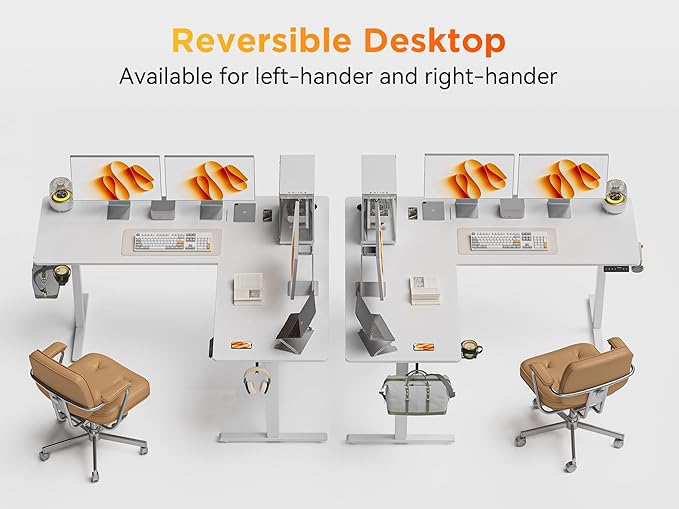 75x61 Inches Reversible L Shaped Standing Desk Height Adjustable with Cup Holder Electric Corner Computer Workstation for Home Office Ergonomic Sit Stand up Gaming Desk White