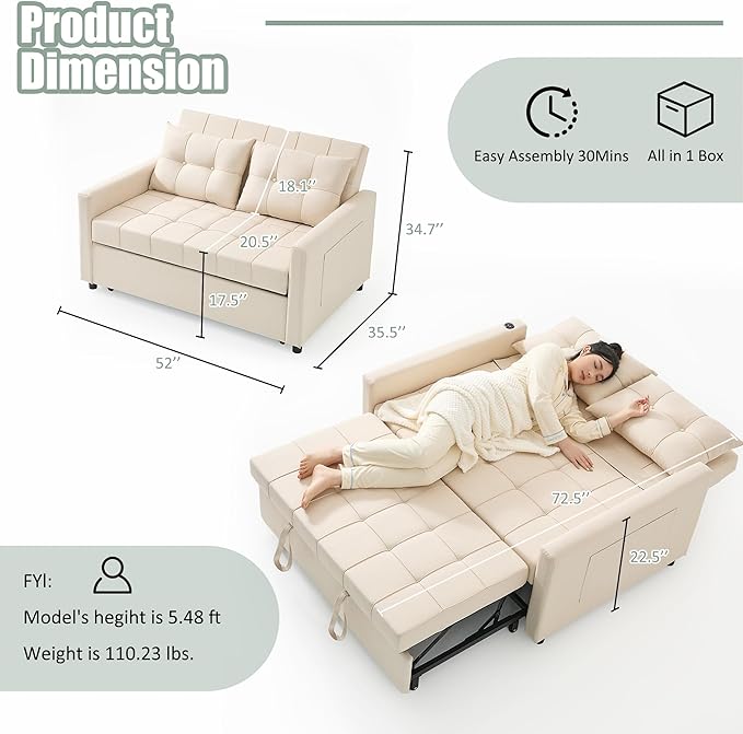 52 Sleeper Sofa with Pull-Out Bed 3-in-1 Convertible Sofa Bed Set of Loveseat with Stepless Adjustable Backrest and Side Pocket for Living Room Dorm Apartment Linen Beige