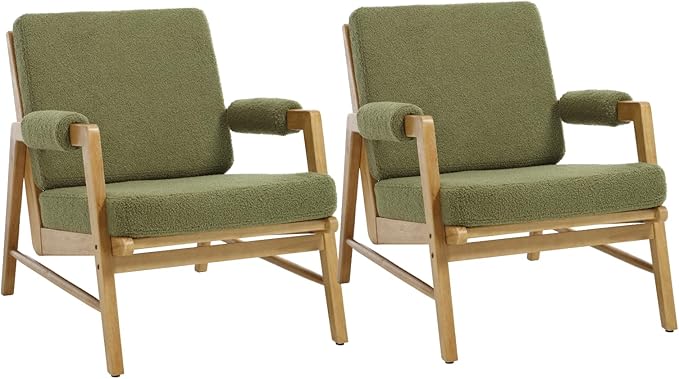 HEAH-YO Modern Accent Chair Set of 2 Upholstered Boucle Fabric Living Room Chair with Wooden Frame Comfy Armchair with Thick Cushion for Bedroom Balcony Green