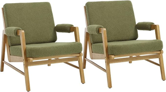 HEAH-YO Modern Accent Chair Set of 2 Upholstered Boucle Fabric Living Room Chair with Wooden Frame Comfy Armchair with Thick Cushion for Bedroom Balcony Green
