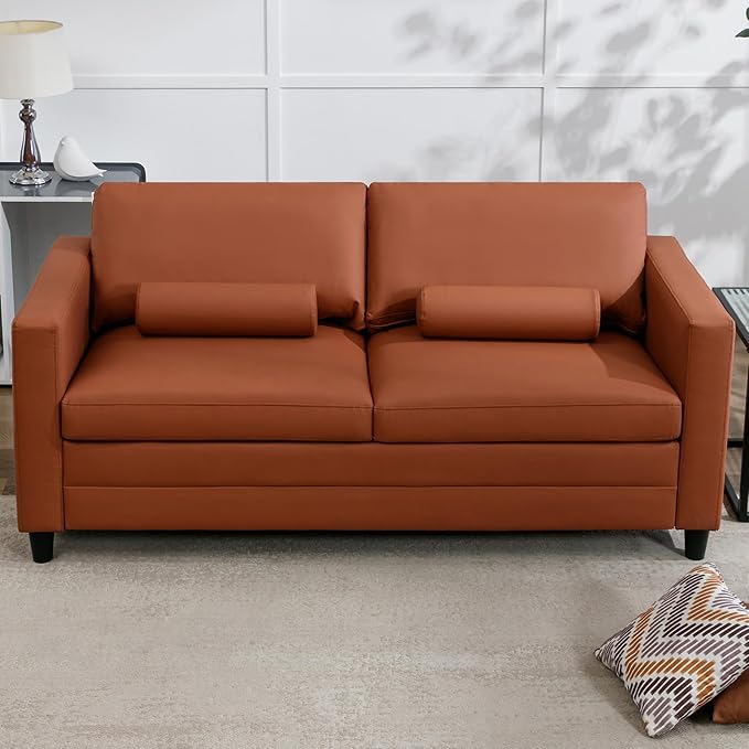 Full Size Pull Out Sofa Bed 2 in 1 Sleeper Sofa with Memory Foam Fold Out Mattress Modern Convertible Couch Bed with Faux Leather for Living Room Guestroom Apartment (Cognac Hue)