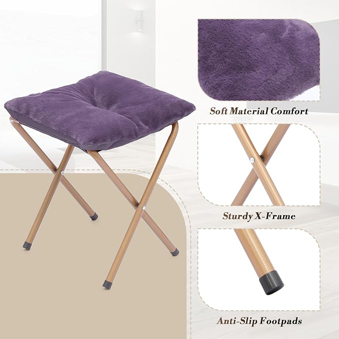 Athena Collection Comfy Saucer Chair and Ottoman Set for Adult Comfortable Faux Fur Square Oversize Folding Reading Chair with Metal Leg Lazy and Cozy for Bedroom Living Room Purple