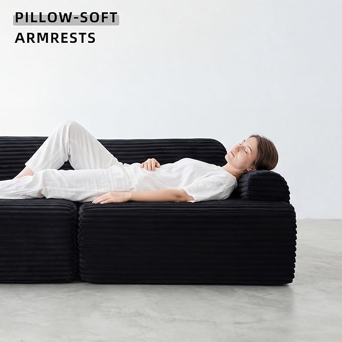 105”Cloud Couch Sectional Sofa Modular Boneless Sofa for Living Room and Apartments Deep Seat Corduroy L Shape Couch with Removable Washable Covers (Black 3 Seater+Right Facing Chaise)