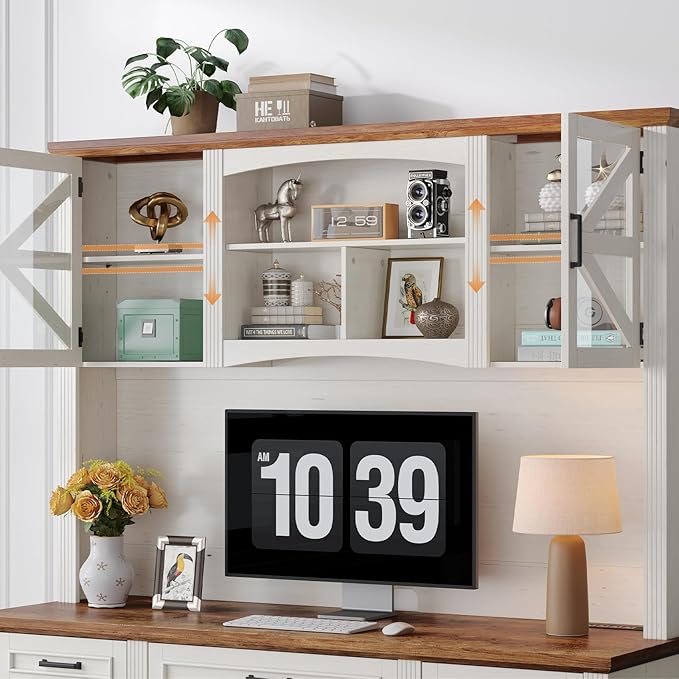 ONBRILL 72 H Farmhouse Executive Desk with Hutch Office Desk Computer Desks with Charging Station Computer Workstations with 5 Drawers and Storage Cabinet for Home Office Off White &amp Walnut