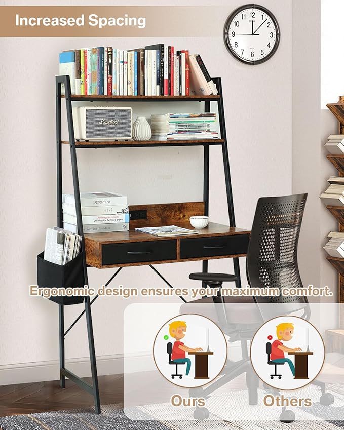 Kathy&ampBob Small Home Office Study Desk - Freestanding Ladder Design with Fabric Drawers &amp Side Bag - Modern Vanity Makeup Desk - 2 Tier Shelf &amp Computer Gaming Station