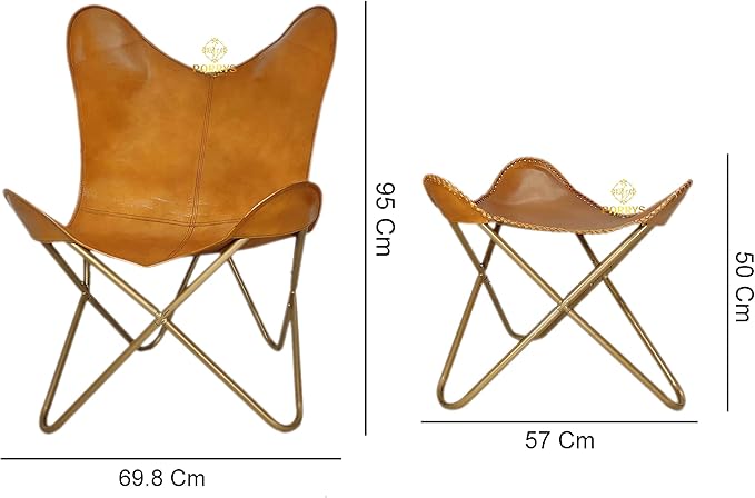 Handmade Brown Leather Butterfly Chair with Ottoman - Powder Coated Iron Frame Foldable Chiar Stool for Outdoor Indoor