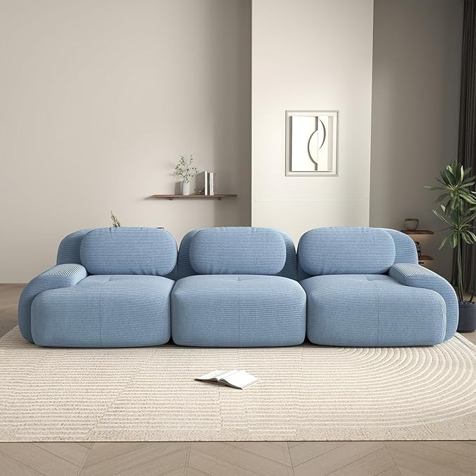 116 Modern Boneless Couches for Living Room Corduroy Cloud Couch Sectional with Deep Seat Blue Modular Sectional Sofa 3 Seater Couch for Living Room Sofas para Sala (Blue 3 Seater)