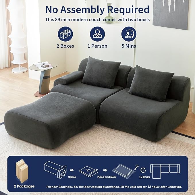 Cloud Couch Sectional114-Boneless Couch in a BoxUpholstered Couches for Living Room Bedroom with L-Shape ChaiseModern Comfy Sofa-Cool Gray CouchesNo Assembly RequiredLow -Profile Sofa