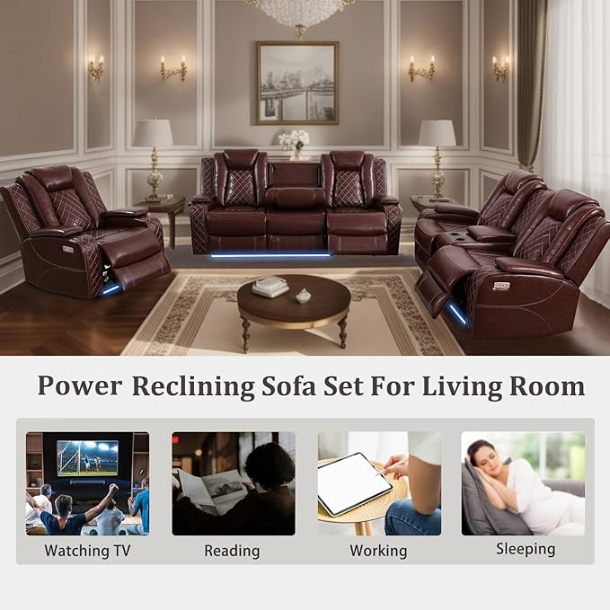 Power Recliner Loveseat Air Leather Reclining Couch with LED/Cup Holders/Storage 2-Seater Reclining Sofa Burgundy Leather Couch for House/Apartment/Office