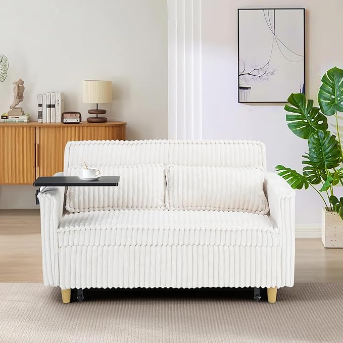 54W Convertible Sleeper Sofa Bed3-In-1 Corduroy Pull Out Couch BedFuton Loveseat Sleeper Couch with Adjustable Backrest &amp USB Ports &amp Side TableRecliner for Office/Living Room/Small Space(