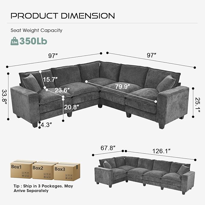 97 5 Seater L Shaped Couch Corner Sofa Oversized Cloud Couch with 2 Pillows Chenille Modular Sectional Sofa Armrests with Two Hidden Storage Space Sectional Couches for Living Room Dark Grey