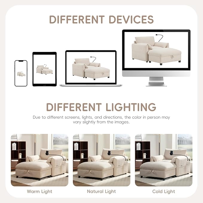 Oversized Accent Sofa Chair with Ottoman Chaise Lounge Chair with Phone Holder USB Charger Side Pockets Chenille Reading Armchair for Living Room Bedroom (Beige)