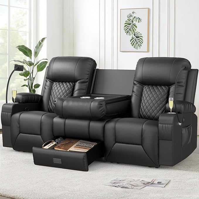 Loveseat Recliner Sofa Modern Dual Reclining Sofa with Flip Back Console 3 Seater PU Leather Loveseat Couch for Living Room/RV with Storage USB Ports Cup Holder Cell Phone Holder Black