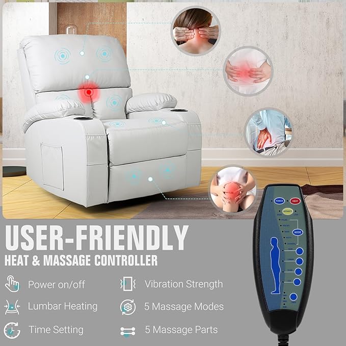 LEVELEVE Rocking Recliner Chair Massage Rocker Recliner Chair with Vibration Massage and Heat 360° Swivel Recliner Chairs Living Room Bedroom Nursery RV Grey