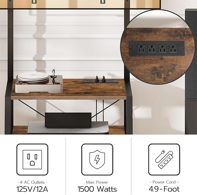 HOOBRO Rolling TV Stand with Mount and Power Outlet Up to 55 inch TV Corner Entertainment Center Small TV Stand with 3-Tier Storage Shelves for Living Room Bedroom Rustic Brown and Black BF66UDS01