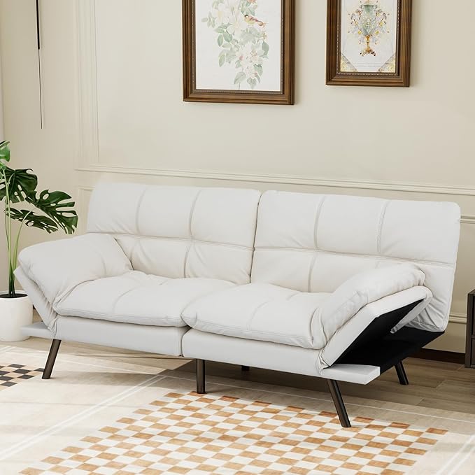MUUEGM Futon Sofa Bed Convertible CouchMemory Foam Futon Sofa CouchSleeper Futons Sofa CouchesSmall Splitback Modern Loveseat Sofa Bed for Living RoomOfficeApartmentFaux LeatherWhite.