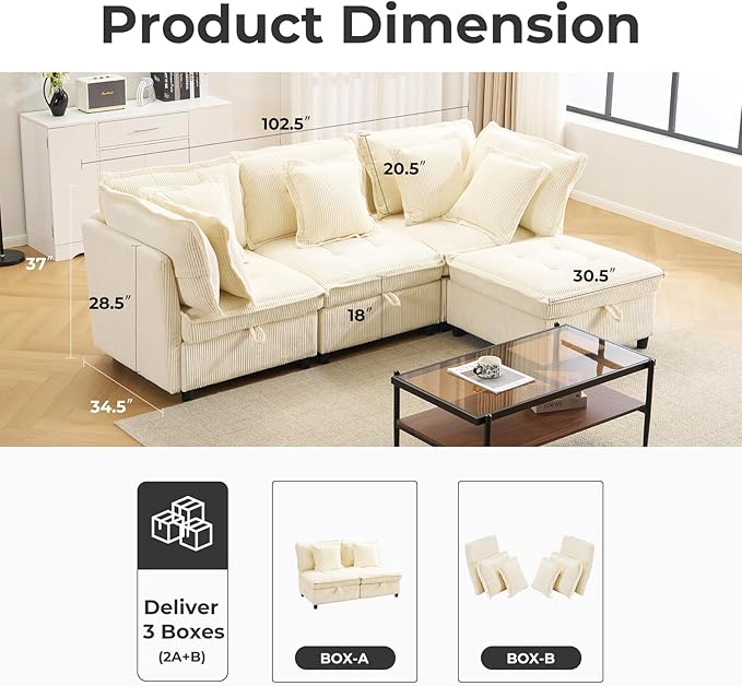 103 Modular Sectional Sofa L-Shaped Corduroy Comfy Sectional Couches for Living Room 3-Seater Cloud Couches with 1 Ottoman Modern Deep Seat Sofa with Large Storage Corduroy Beige