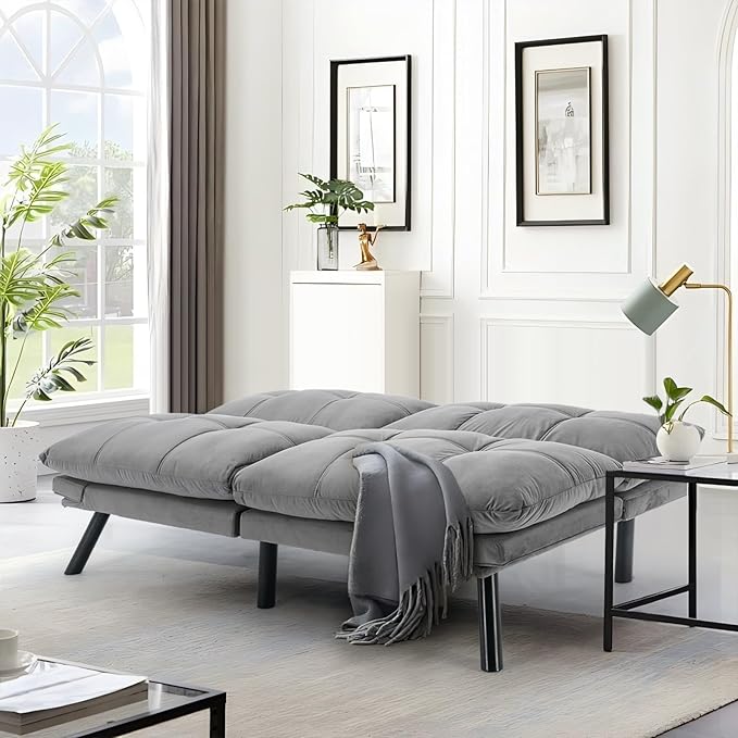 Convertible Futon Double Sofa Bed2 in 1 with Adjustable Backrest Memory Foam Loveseat for Living Room Bedroom Office Apartment Compact Sofa(Grey)