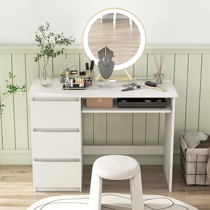 Tangkula White Desk with 3 Storage Drawers &amp Built-in Charging Station Home Office Desk with Keyboard Tray PC Desk Study Writing Table Vanity Table for Bedroom Computer Workstation (White)