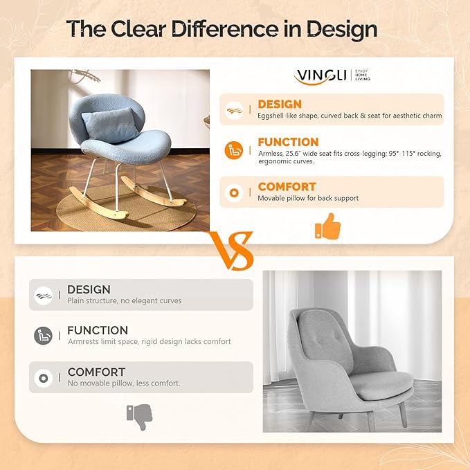 VINGLI 25.6 Extra Wide Nursery 115° Armless Rocking Chair Curved Cute Cross-Legged Glider Chair with Pillow &amp Solid Wood Nursing Chair for Bedroom Living Room Teddy Fleece Light Blue