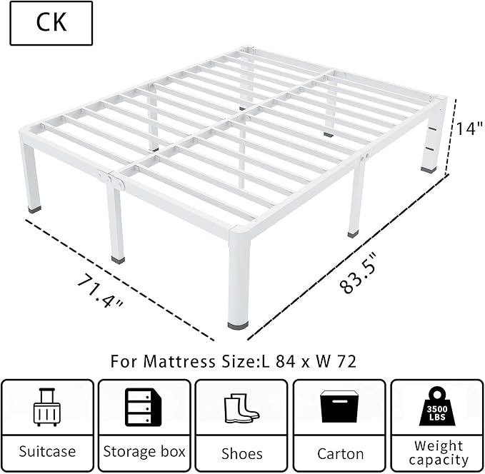 ROIL 14 Inch White California King Bed Frame with Rounded Corner and Headboard Hole Mattress Retainers 3500LBS Heavy Duty Steel Slats No Box Spring Needed Platform Noise-Free Easy Assembly