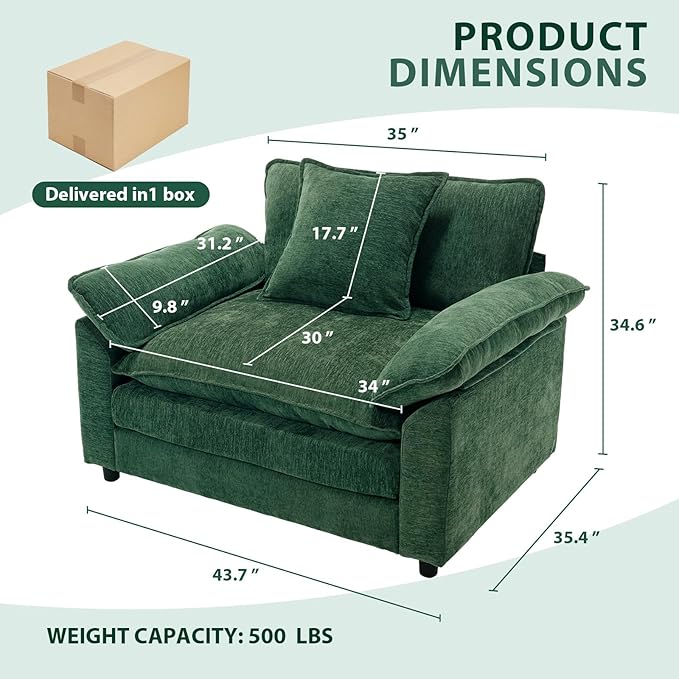 Chenilli Oversized Accent Chair with Ottoman Single Sofa Chair with Large Seat and Extra Wide Armrests Modern Comfy Armchair Reading Chairs for Bedroom Living Room Green