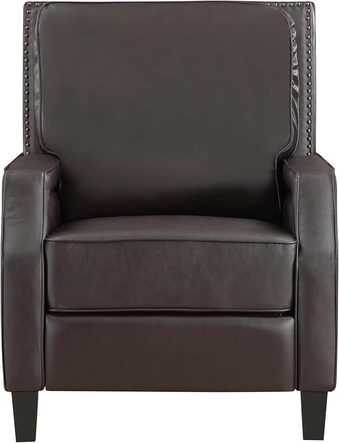 Push Back Reclining Chair Dark Brown Faux Leather Modern Living Room Chair for Relaxation Solid Wood Frame