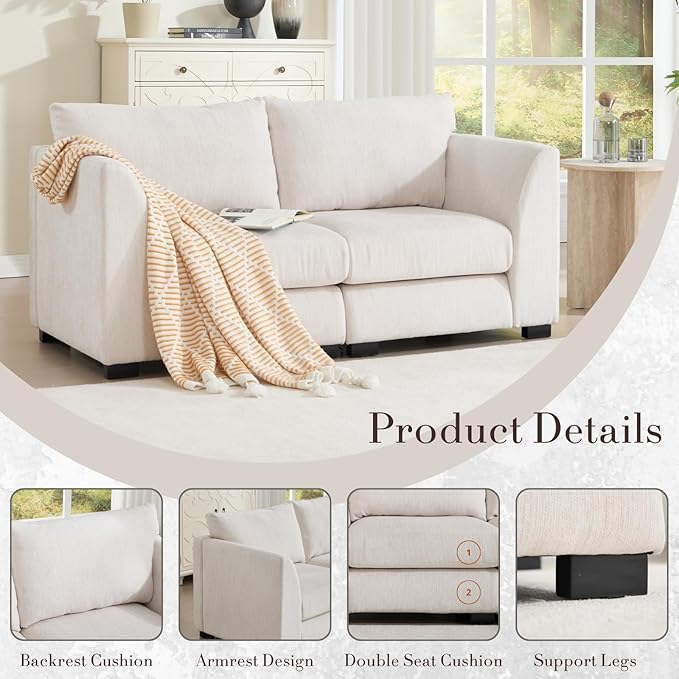 HEAH-YO 58 Inch Loveseat Sofa 2-Seater Sectional Couch with High Density Foam Small Cloud Couch for Living Room Linen White