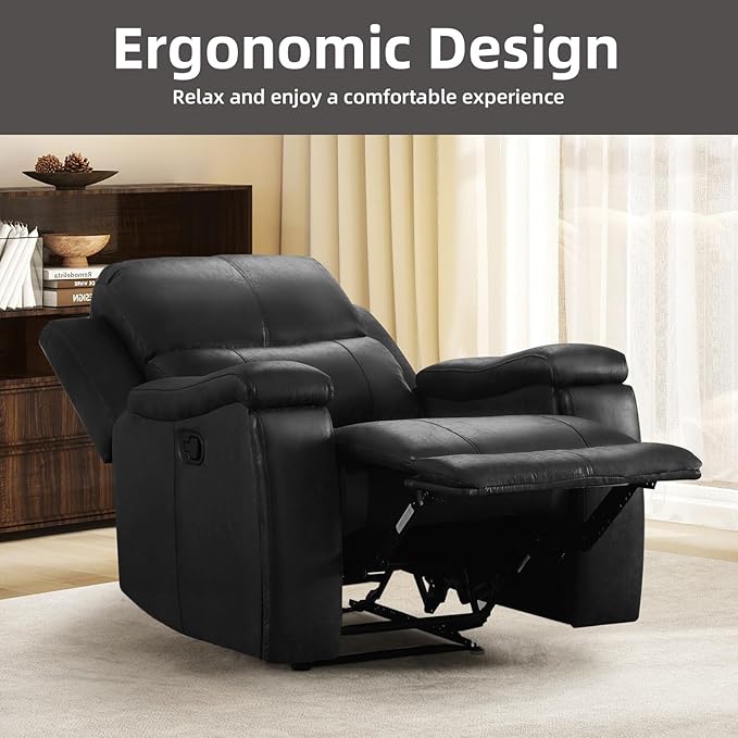 EBELLO Recliner Chair Single Overstuffed Sofa Recliner Breathable Faux Leather Manual Reclining Chairs with Hidden Cup Holder Arm and Back for Adults Living Room Bedroom Black