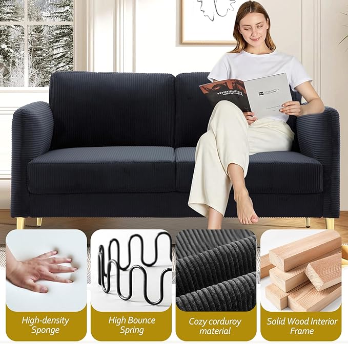 60 Black Modern Corduroy Loveseat Couch Plush Cloud Upholstered Cushions Mini Sofa 2-Seater Love Seat for Compact Small Space Living Room and Apartment Office Furniture Couche (60 Black)