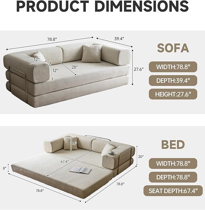 No Assembly Convertible Sofa Bed &amp 79 Boneless Couch with Pocket  5-in-1 Futon Sofa Bed with 2 Pillows Modular Pull Out Couch Bed with FrameCompression in Box for Living Room Small Spaces Beige