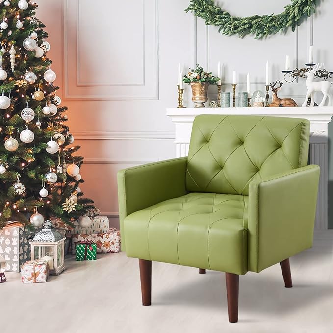 Faux Leather Accent Chair Modern Retro Arm Chair for Living Room and Bedroom Tufted Upholstered Sofa Club Chair Comfy Armchair for Small Spaces Bedroom Office (Olive)
