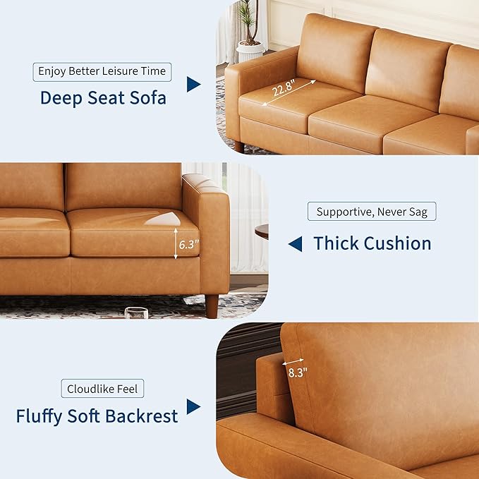 GarveeHome Pu Leather Sofa 85 Mid-Century Modern Couch 3-Seater Sofa with Wide Armrests and Comfy Cushions Deep Seat Leather Couch for Living Room Bedroom Office