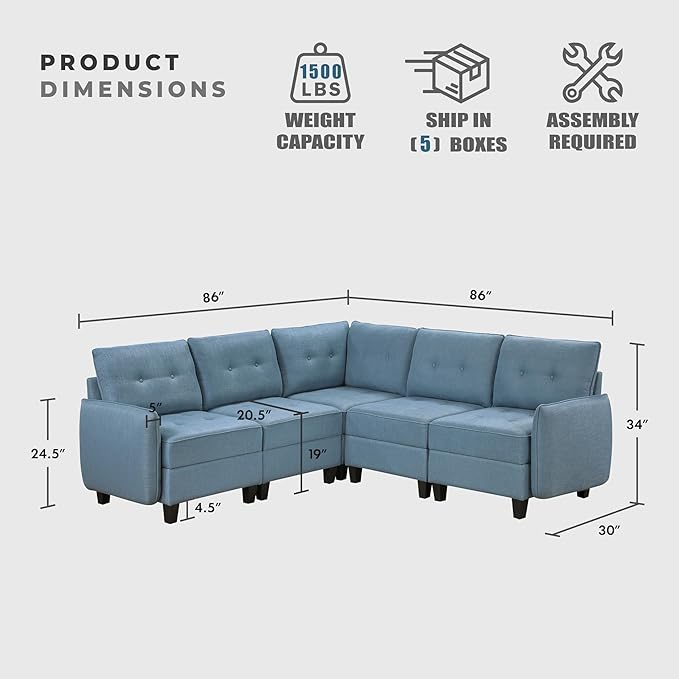 Lexicon L Shape Sectional Couch with Hidden Storage Textured Fabric Modular Sectional Sofa with Button-Tufted Design Reversible Back Cushion 5 Seater Large Sofa Blue