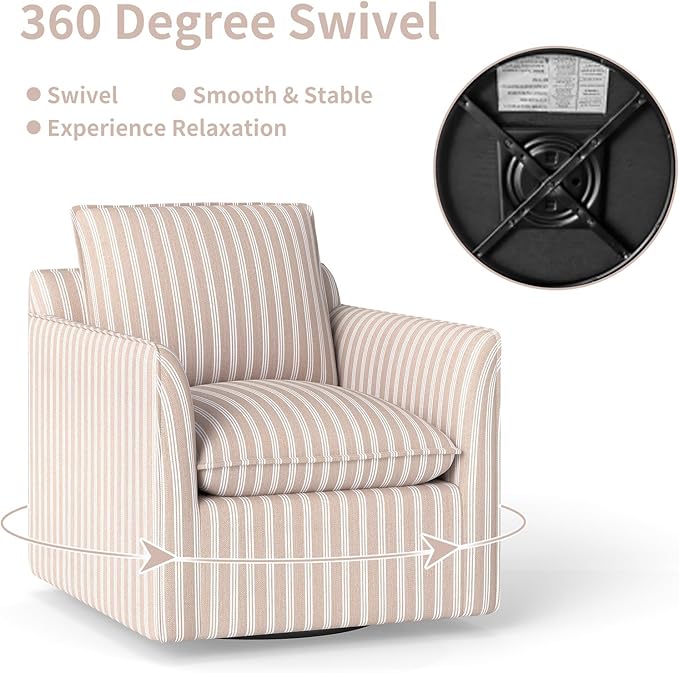 INZOY Swivel Accent Square Chair with Thick Padded Backrest Cushion Swivel Reading Chair for Living Room Bedroom Small Spaces Brown Stripe