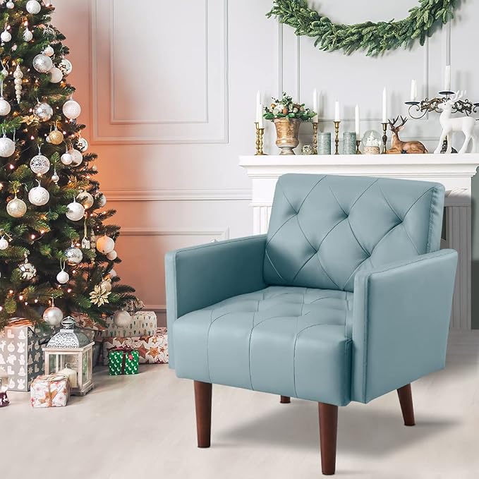 PU Leather Accent Chair Mid Century Modern Armchair for Living Room Reading Tufted Chair Single Sofa High-Density Foam Cushion Solid Wood Legs for Home Bedroom Office Reception(Blue)