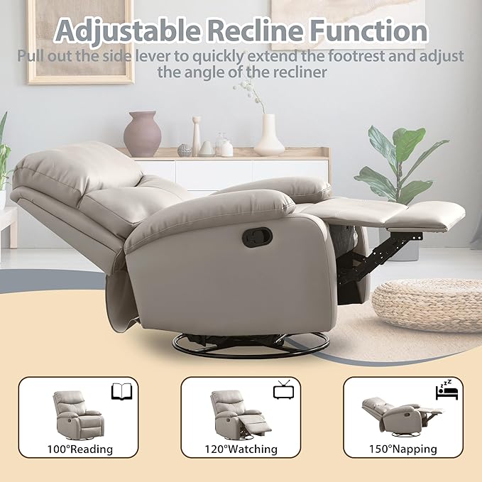 Genuine Leather Rocker Recliner Modern Manual Swivel Glider Recliner with Adjustable Backrest &amp Footrest Wall Hugger Swivel Rocking Recliner Chair for Modern Living Room and RV Beige