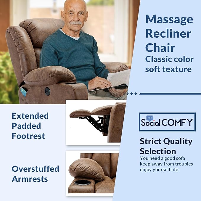 Manual Swivel Glider Rocker Recliner Chair with Heated Massage 360° Swivel Overstuffed Reclining Chair with 2 Cup Holders Side Pockets &amp USB Ports for Living Room Brown