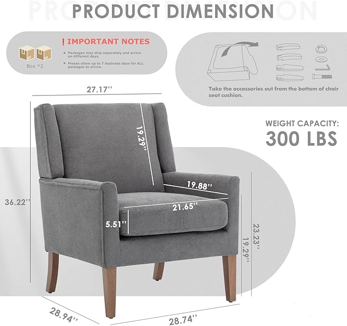 COLAMY Modern Wingback Living Room Chair Set of 2 Upholstered Fabric Accent Armchair Single Sofa Chair with Lounge Seat and Wood Legs for Bedroom/Office/Reading Spaces Gery