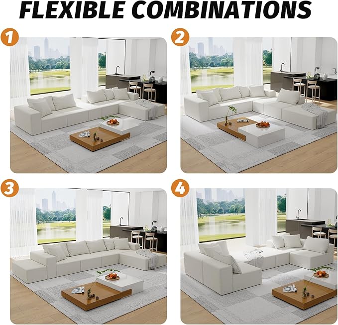 132'' Oversized Cloud Couch Sectional Modular Sectional Sofa with 6 Pillows Comfy Chenille L Shape Couch with 6 Deep Seat Convertible Sleeper Boneless Couches for Living Room No Assembly Beige