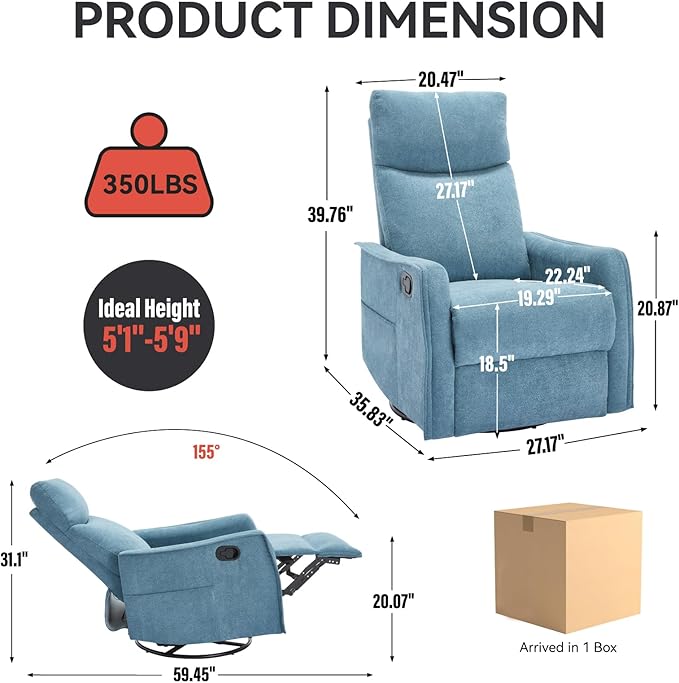 Heat Massage Manual Recliner Chair with Rocker and Swivel in Fabric for Living Room Blue