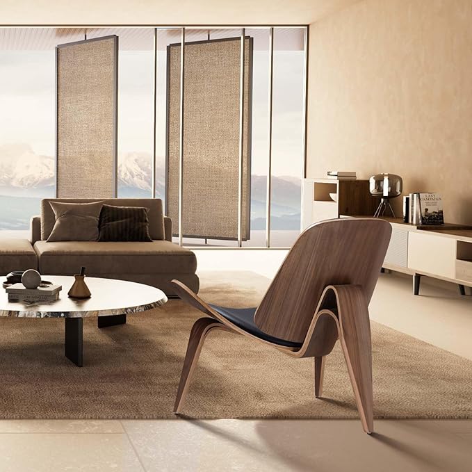 Mid Century Modern Shell Lounge Chair PU Leather Tripod Plywood Classic Design Solid Wood Accent Chairs for Living Room Reading Lounge Office Salon