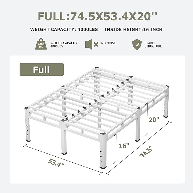 NKZ 20 Inch Full Size Bed Frame Metal Bed Frame &amp Box Spring 2 in 1 Platform with Round Corner Legs 4000lbs Weight Capacity Reinforced Metal Frame Headboard Hole Noise-Free Easy Assembly.
