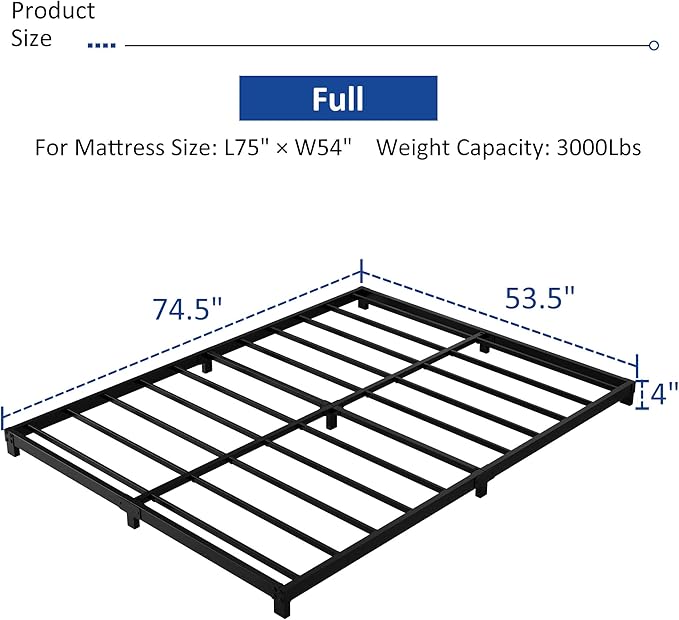 4 Inch Full Size Bed Frame Heavy Duty Metal Platform Low Bed Frame Full No Box Spring Needed Noise Free Easy Assembly Black