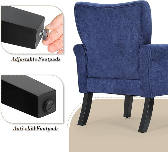 Athena Collection Mid Century Accent Chair with Rubberwood Legs Upholstered Modern Armchair with High Back Tufted Backrest and Angled Back Legs for Living Room Bedroom Vanity Navy Blue