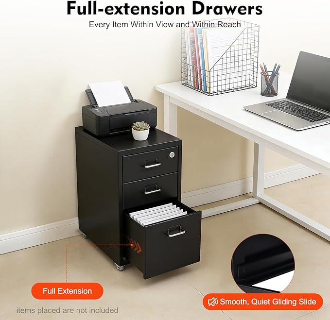 3-Drawer Metal File Cabinet Mobile File Cabinet with Lock Rolling Vertical Filing Drawers Under Desk for Home Office 11 * 16 * 18.3in (Black)