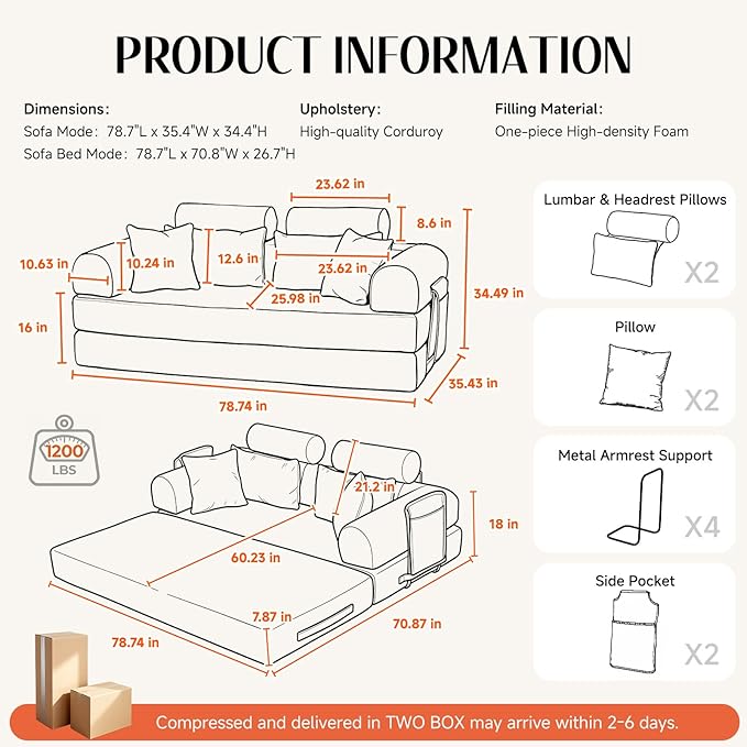 79 Corduroy Sofa Bed Sleeper Couch 6-in-1 Convertible Boneless Floor Futon Loveseat High-Density Foam Couch in a Box with 2 Headrest Pillows No Assembly Red and White