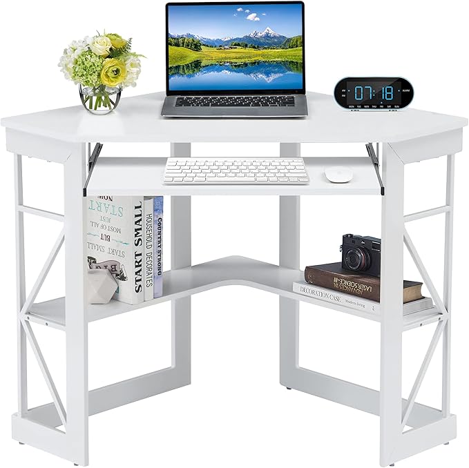 VECELO Corner Computer Desk 41 x 30 inches with Smooth Keyboard &amp Storage Shelves for Home Office Workstation White
