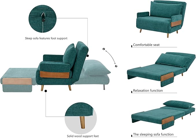 3-in-1 Convertible Sofa Bed Futon Loveseat Couch with Pillow Adjustable Backrest and Removable Armrests Recliner Sleeper Sofa for Small Spaces Living Room Bedroom or Office Peacock Blue